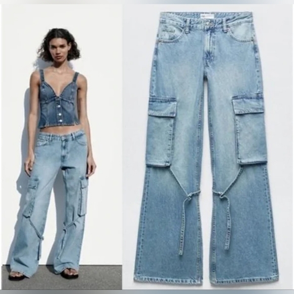Zara Cotton Blend Belt Loop Wide Leg Cargo Jeans In Light Indigo Wash Size 2 - Picture 1 of 16